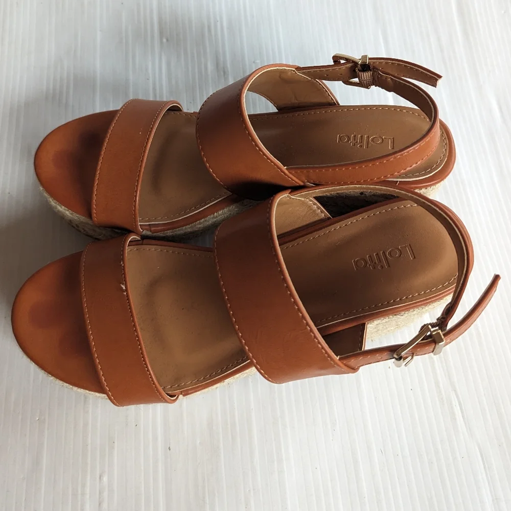 LOLITA brown faux leather strappy sandals with chunky espadrille platform sole